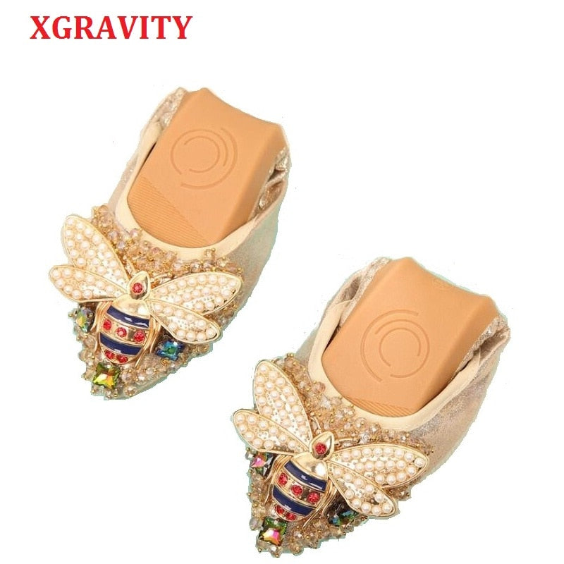 XGRAVITY Plus Size Designer Crystal Woman Flat Shoes