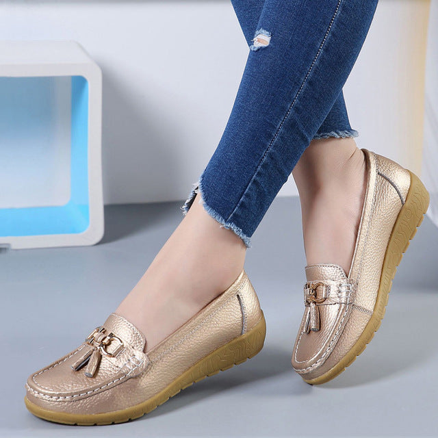 Women Ballet Shoes Flats Cut Out Leather Breathbale Moccains Women Boat