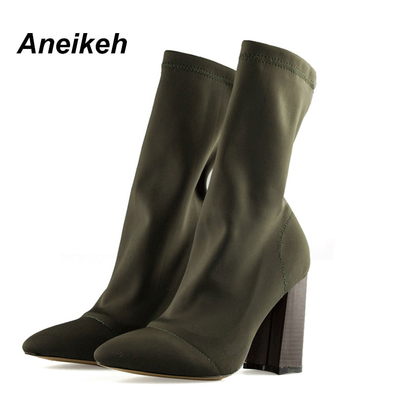 Aneikeh Women's Boots Pointed Toe Yarn Elastic Ankle Boots