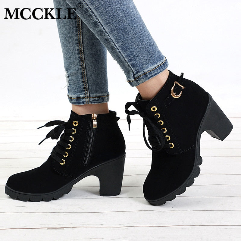 MCCKLE Plus Size Ankle Boots Women Platform High Heels Buckle Shoes