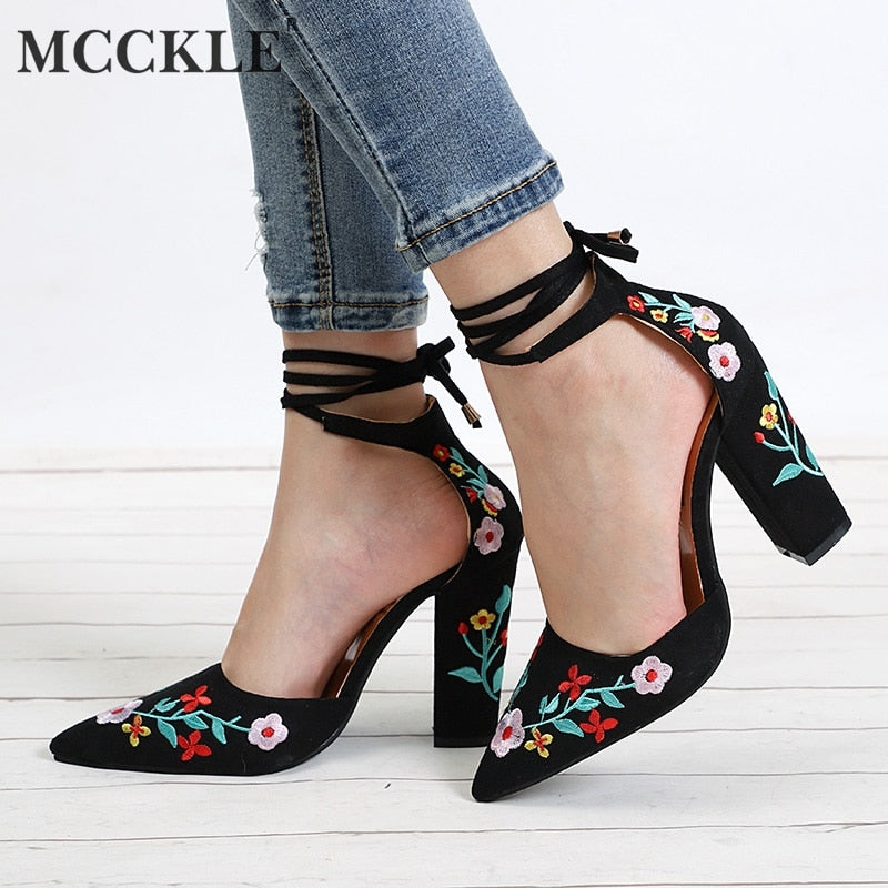 MCCKLE Women High Heels Plus Size Embroidery Pumps