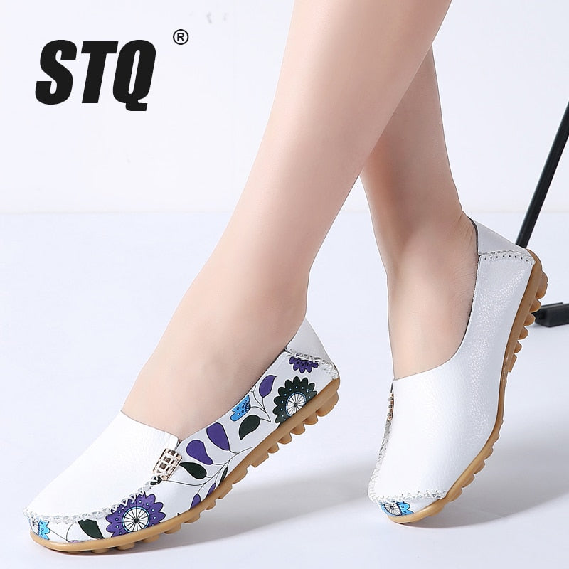 STQ 2019 Spring women flats genuine leather shoes slip on