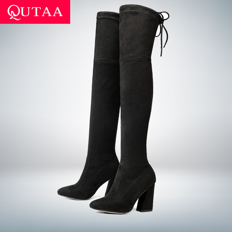 QUTAA 2020 New Flock Leather Women Over The Knee Boots